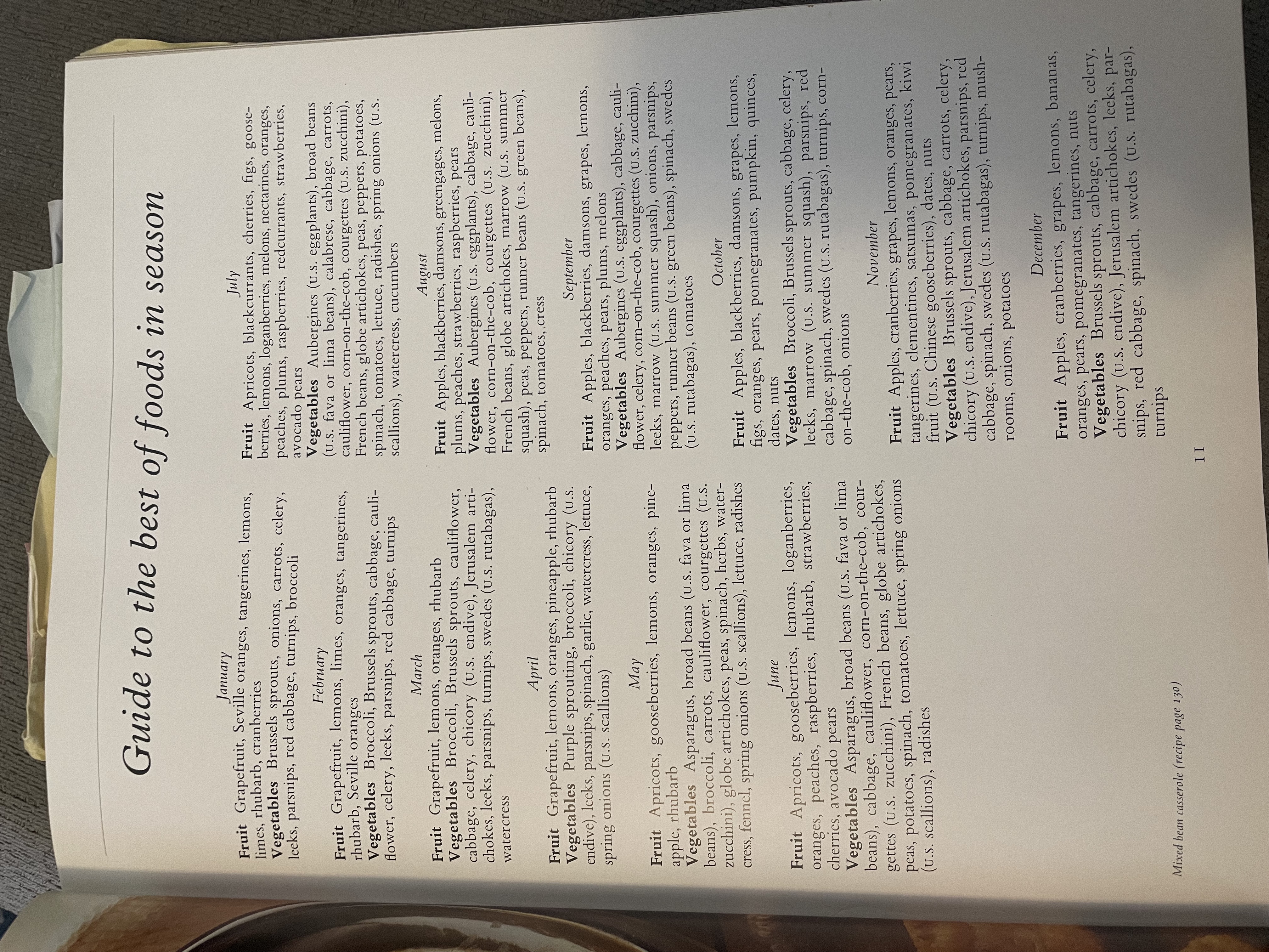 Page from the cookbook with months of the year and lists of fruit and veg that are in season in that month