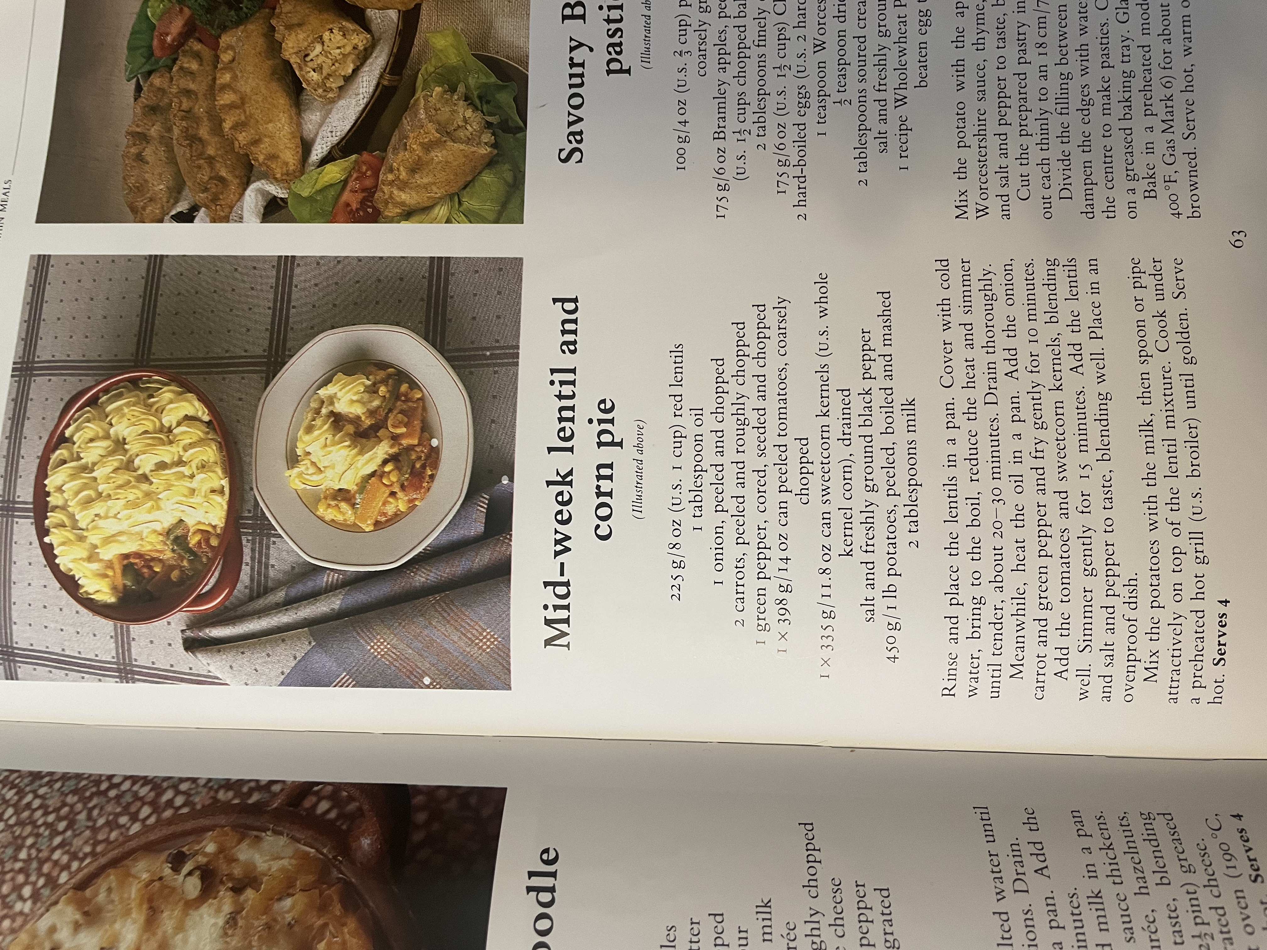 Recipe for mid-week lentil and corn pie from the book, transcribed below
